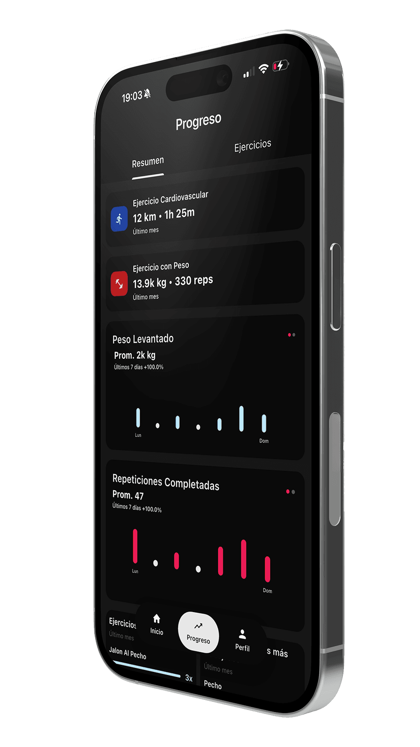 Gráficos de progreso en Gymnacia mostrando evolución de peso levantado y repeticiones en entrenamientos